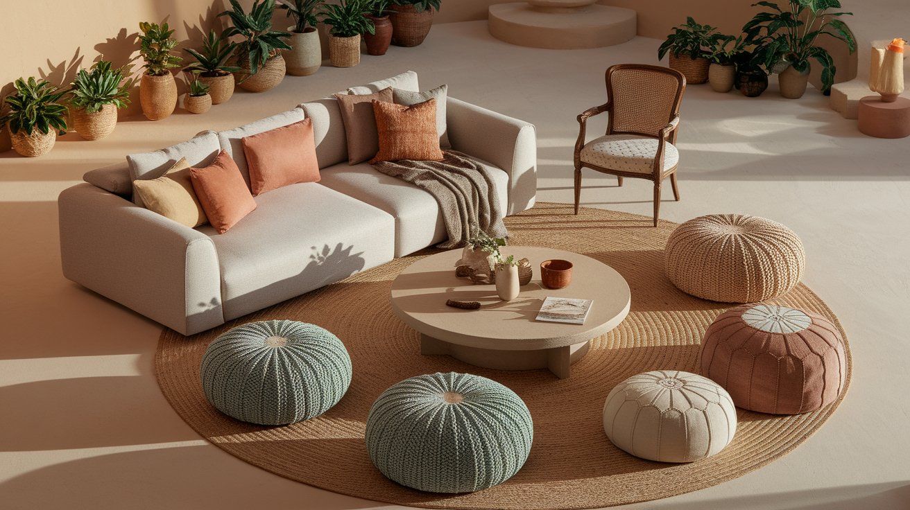 A bright living room with a round table, a plush couch, and decorative potted plants adding a touch of greenery.