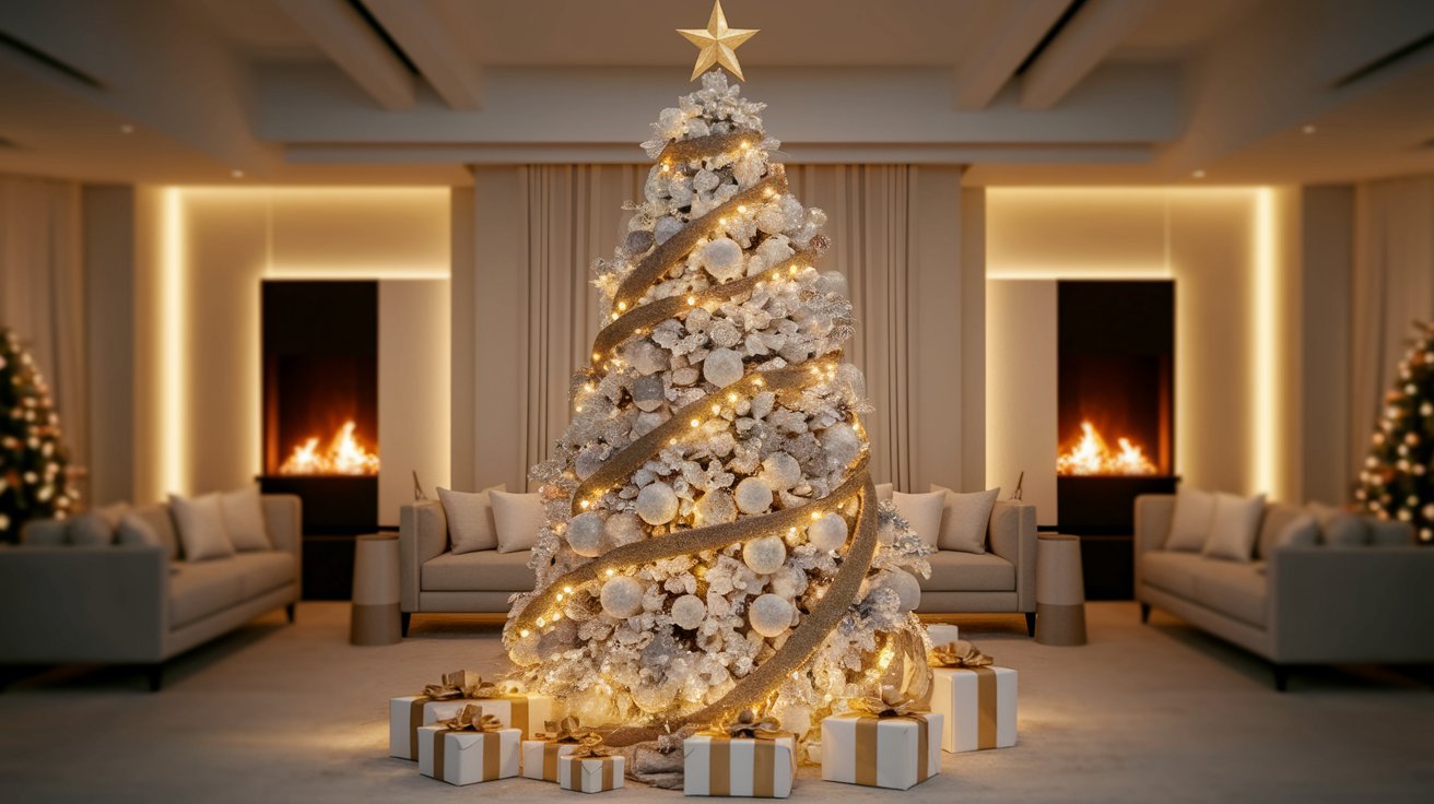 A decorated Christmas tree stands in a cozy living room featuring elegant white furniture.