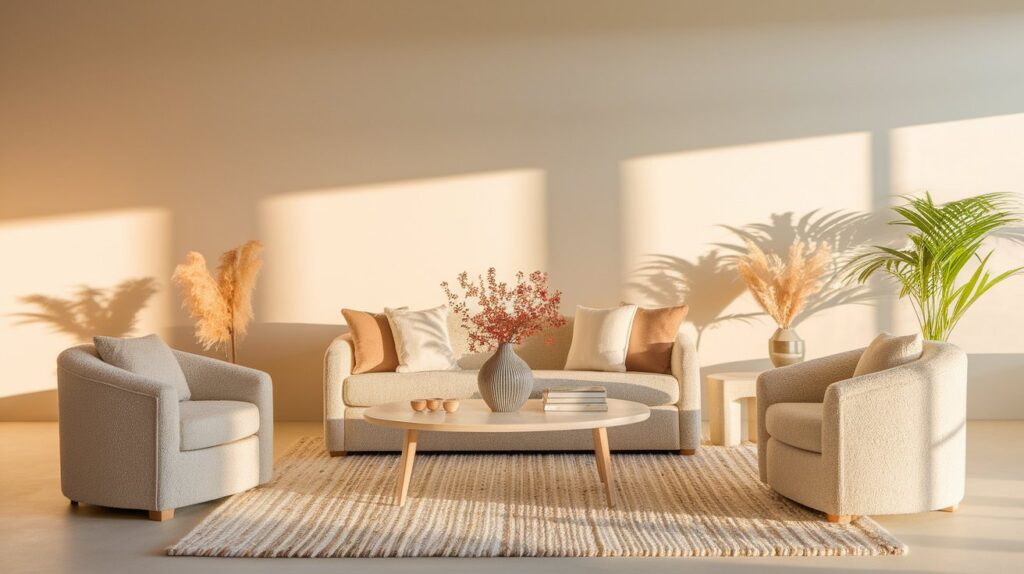 A bright living room featuring white furniture and various indoor plants, creating a fresh and inviting atmosphere.