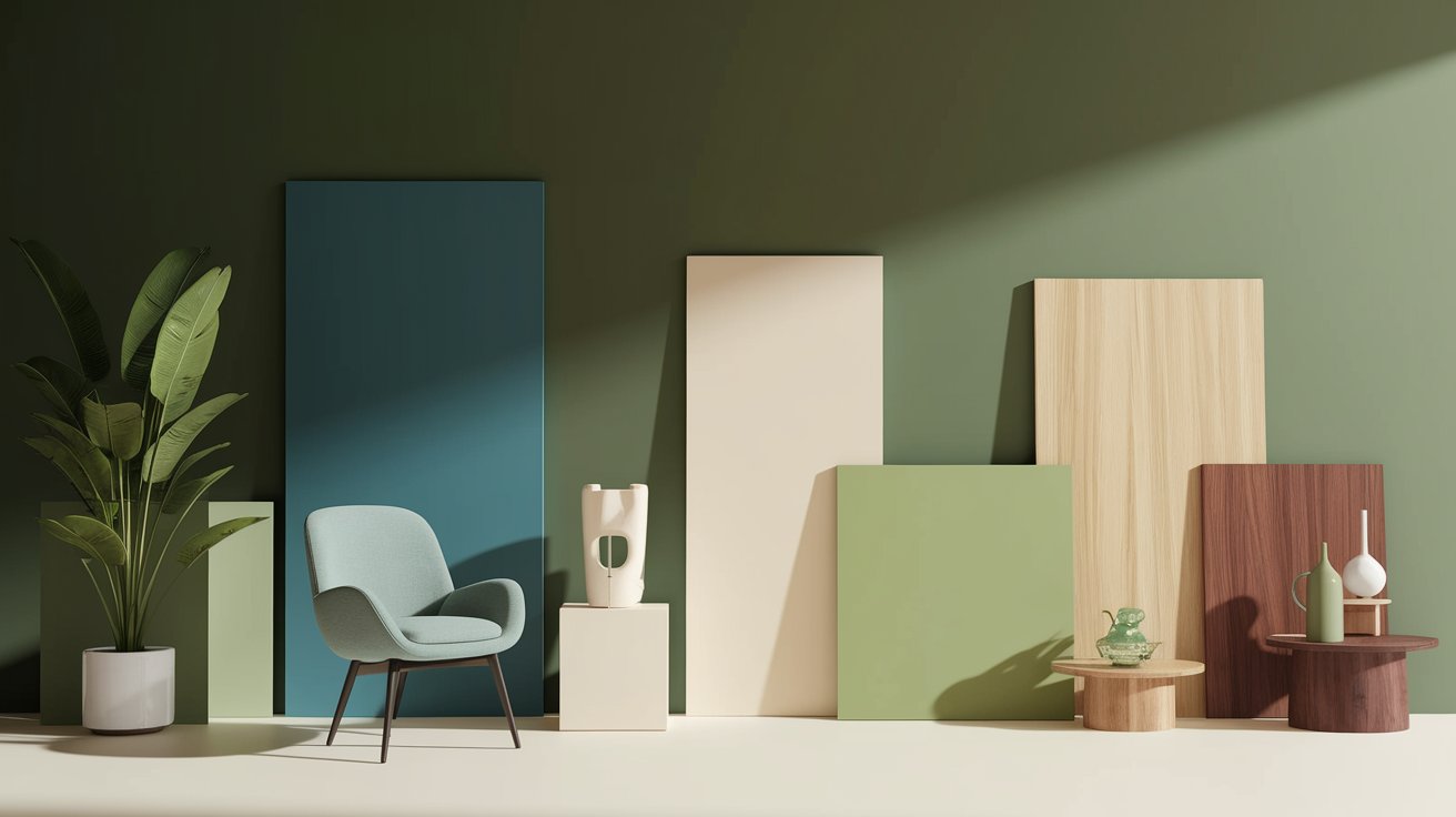 A room featuring green walls and wooden furniture, creating a warm and inviting atmosphere.
