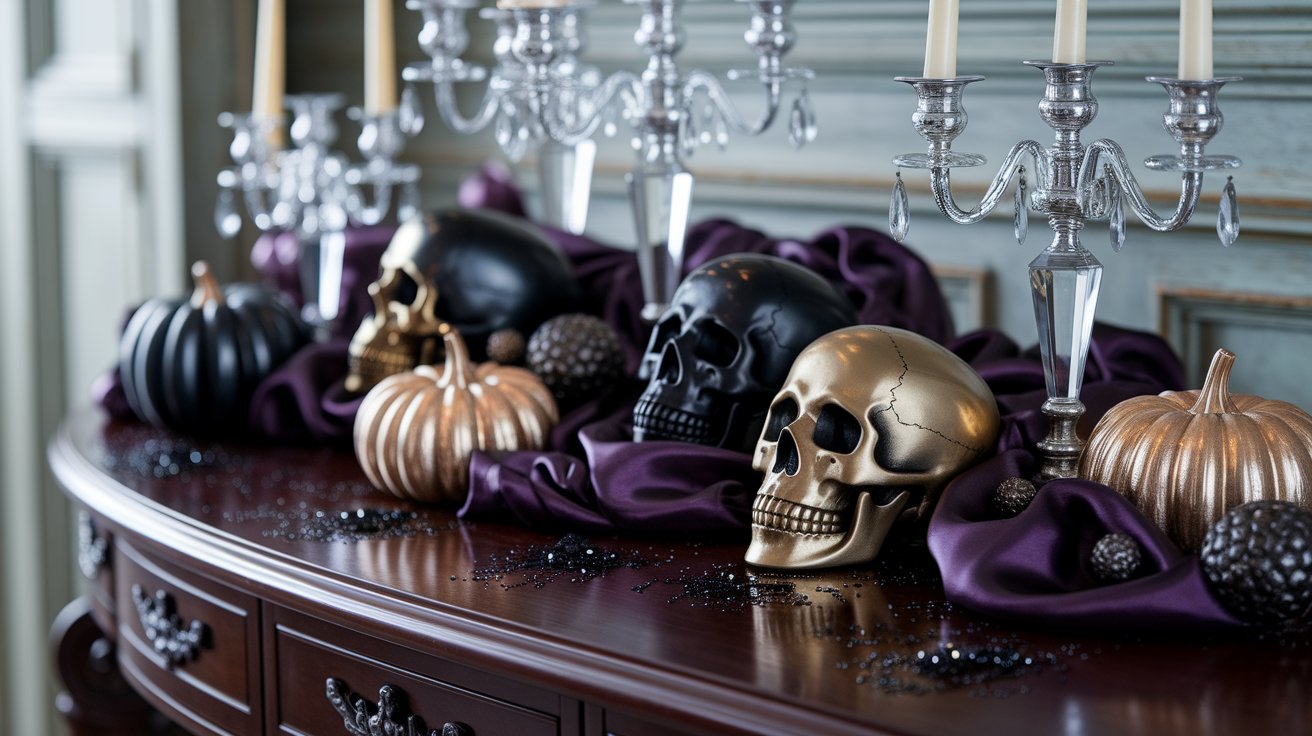 A table adorned with Halloween decorations, featuring candles and festive ornaments for a spooky atmosphere.