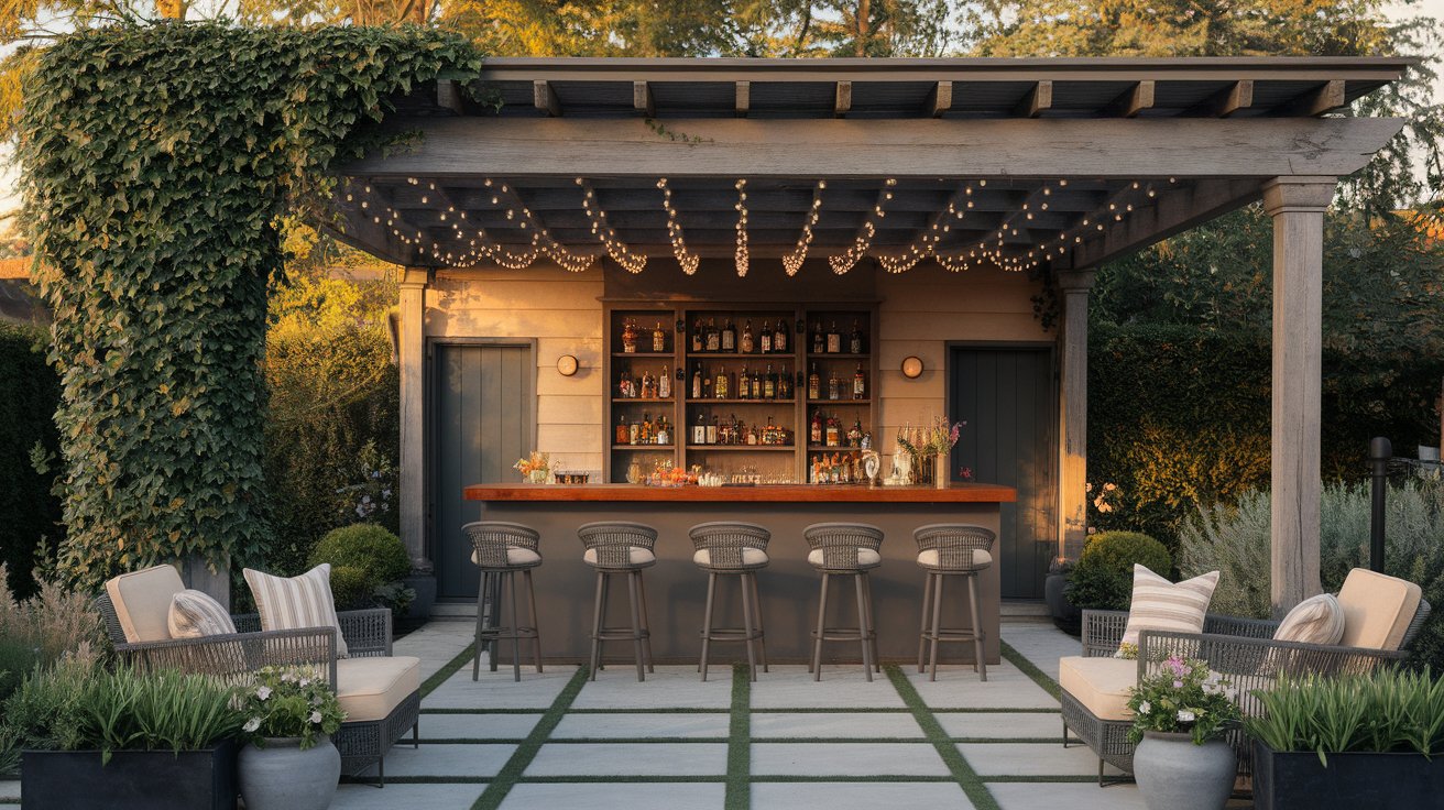 A backyard bar featuring a patio with several chairs arranged for seating and relaxation.