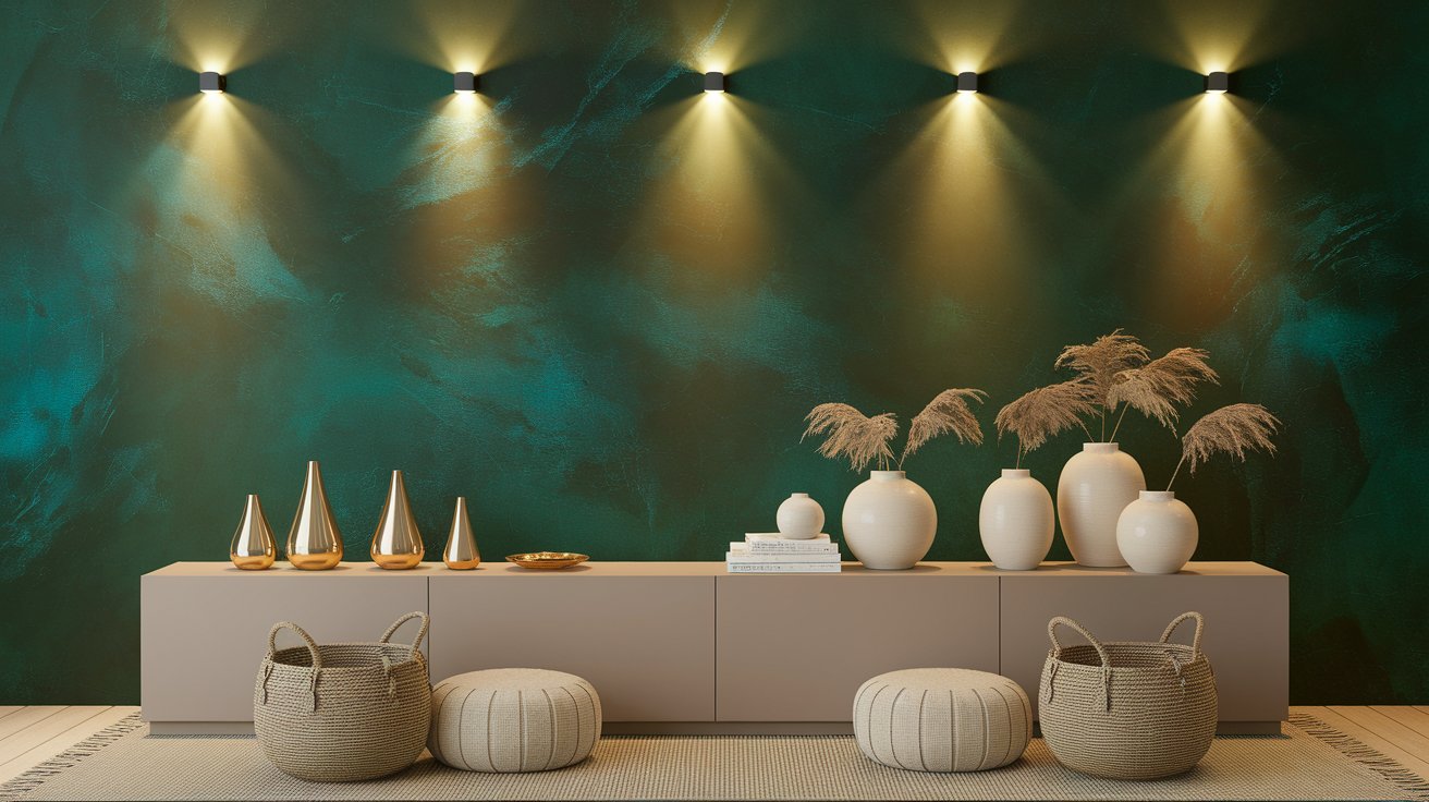 A room featuring vibrant green walls adorned with a matching green wall mural, creating a cohesive and calming atmosphere.