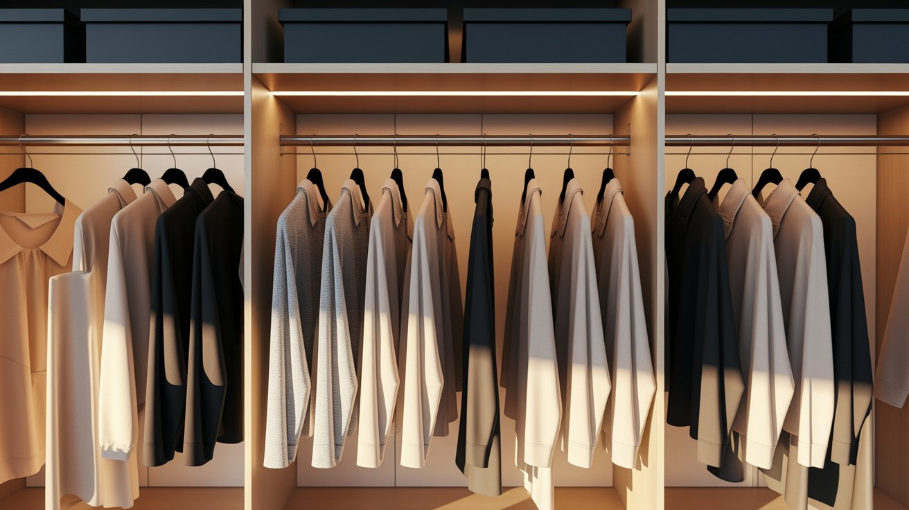 A closet filled with various clothes neatly hanging on racks, showcasing a range of colors and styles.