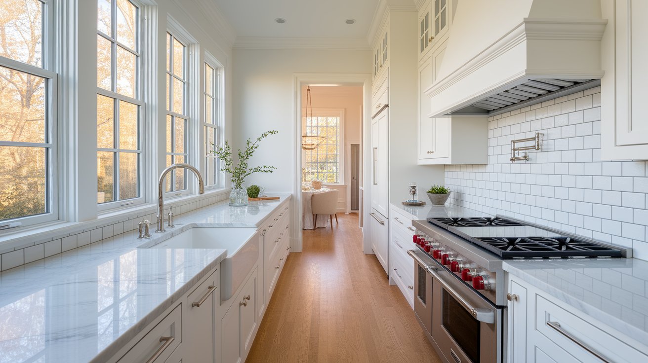 A long white kitchen featuring a sink and stove, showcasing a clean and modern design.
