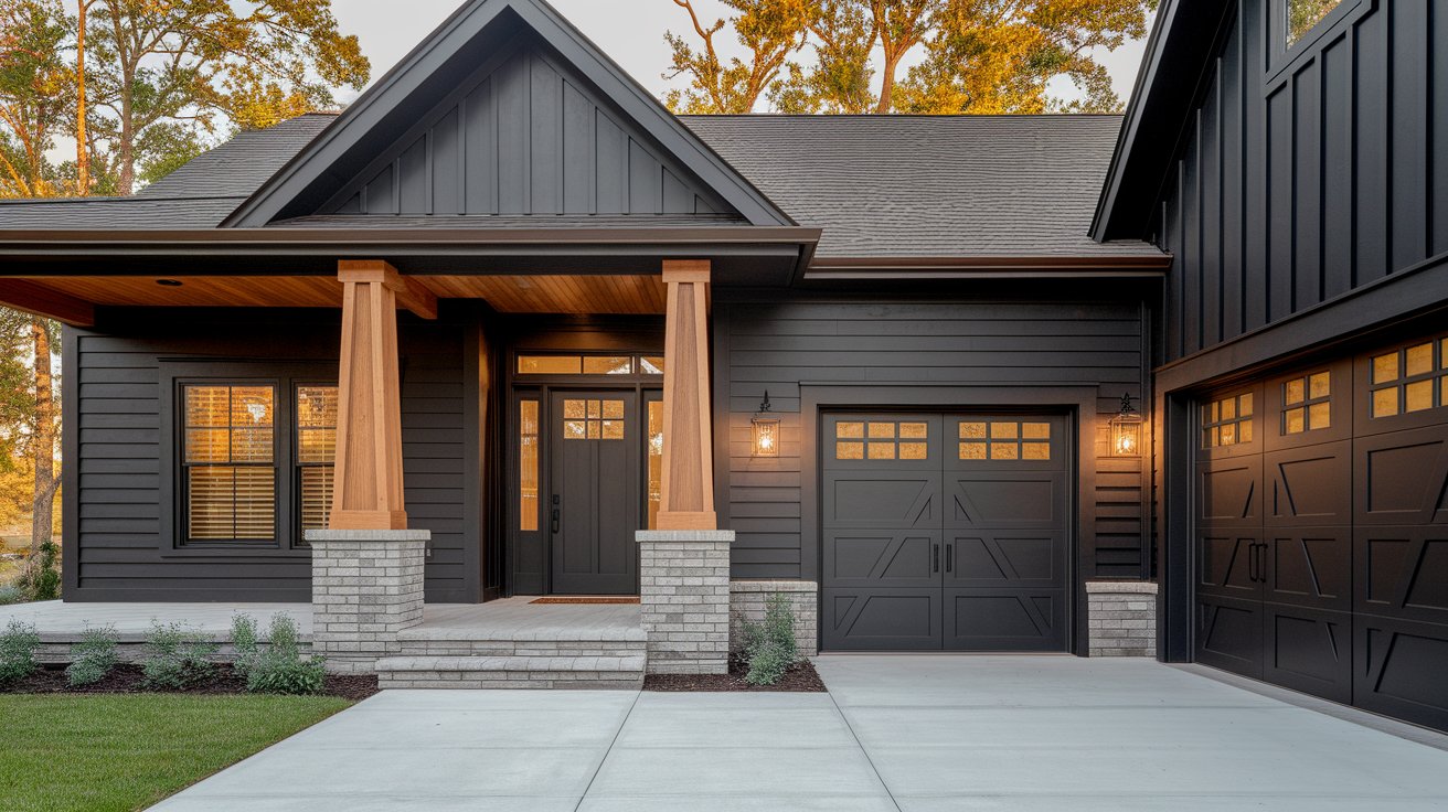 A black house featuring a front porch and an attached garage.