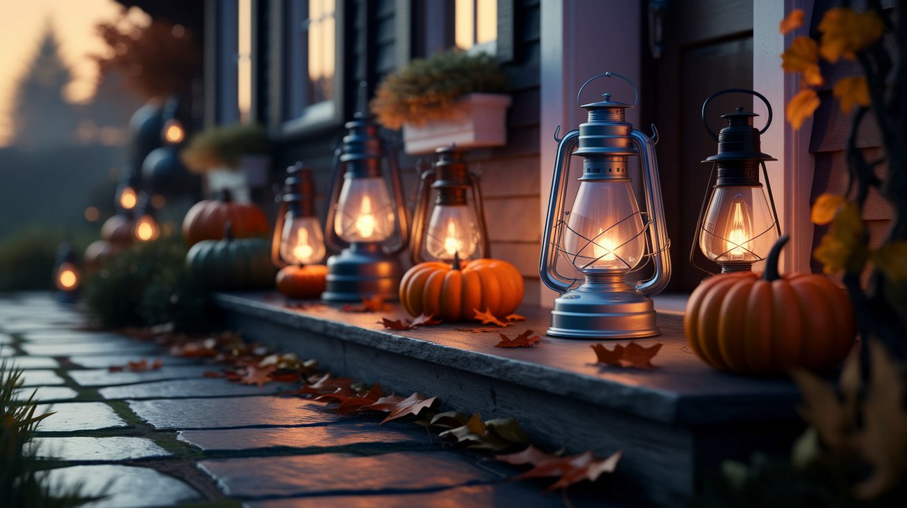 Halloween lanterns adorn a porch surrounded by pumpkins and colorful autumn leaves.