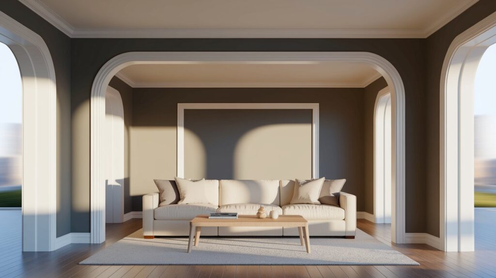 A modern living room with a plush couch and a sleek coffee table in the center.