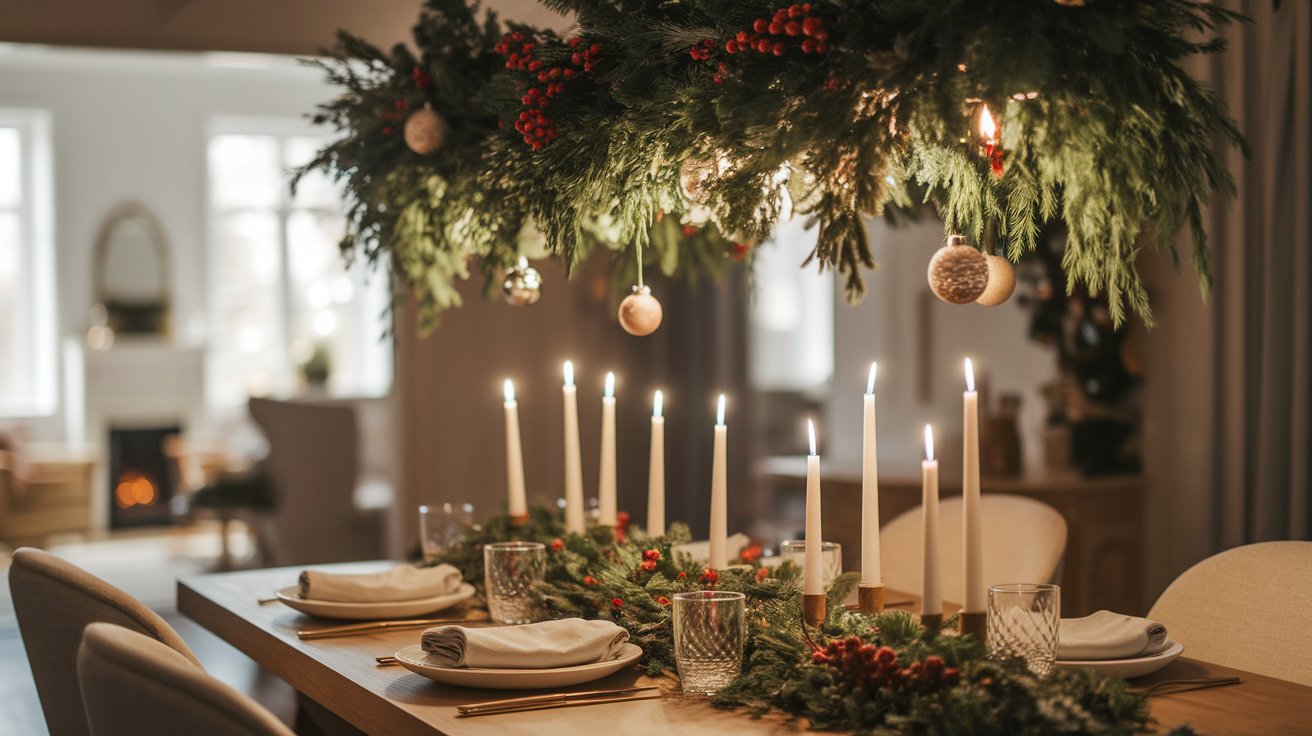A dining room table adorned with Christmas decorations and lit candles, creating a festive and warm atmosphere.