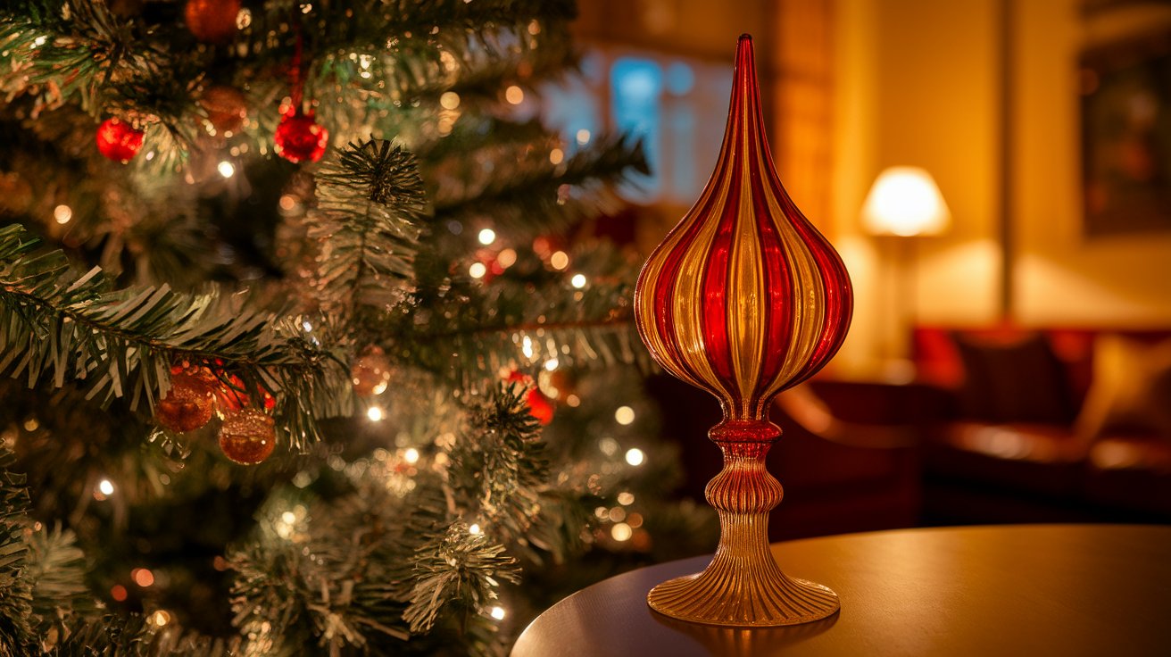 A red and white Christmas ornament rests on a wooden table, adding a festive touch to the holiday decor.