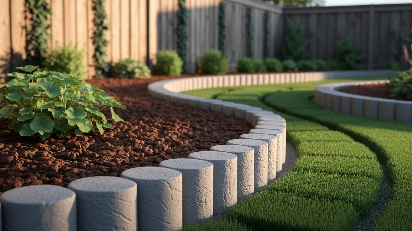 A picturesque garden with a stone retaining wall and a carpet of green grass.