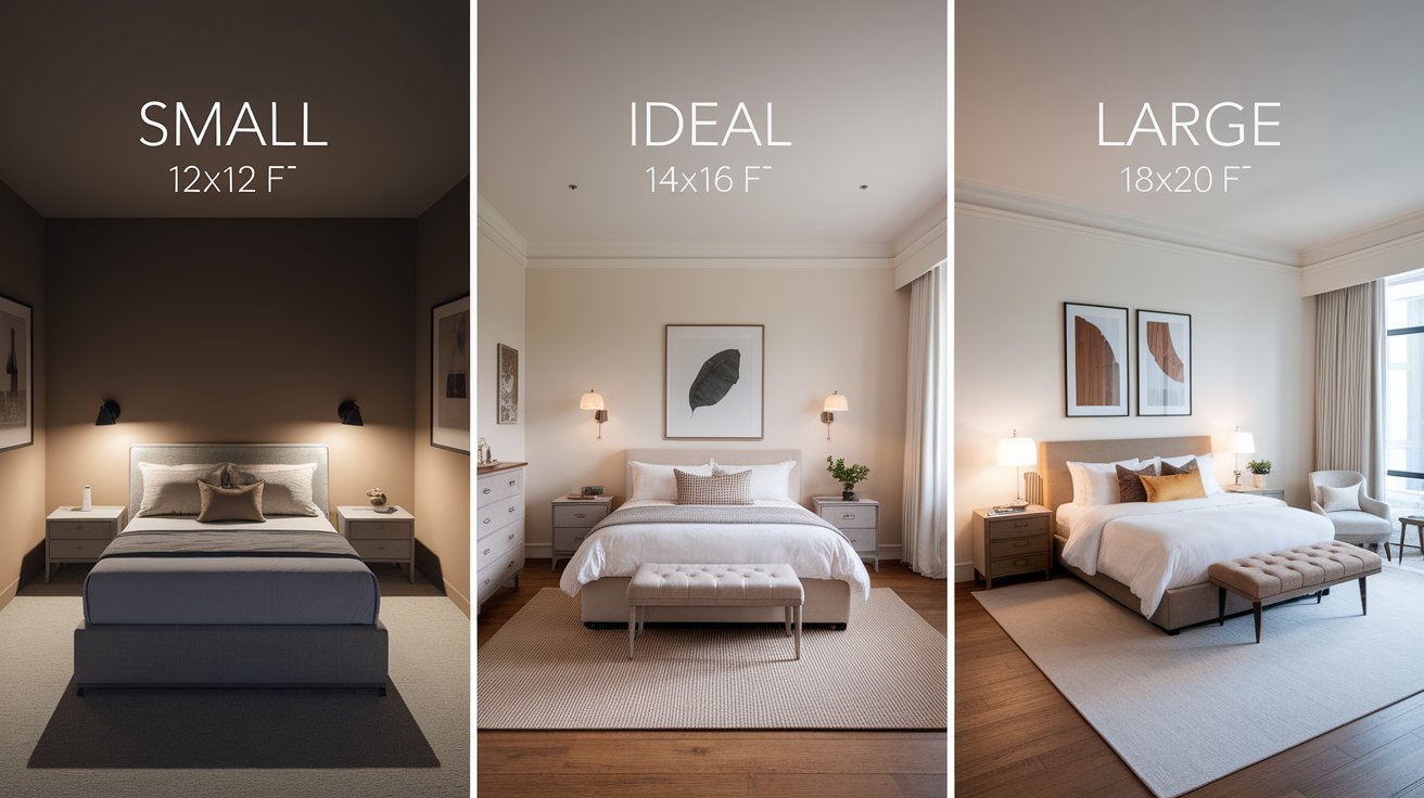 Comparison of a small bedroom with minimal furniture next to a spacious bedroom featuring a large bed and decor.