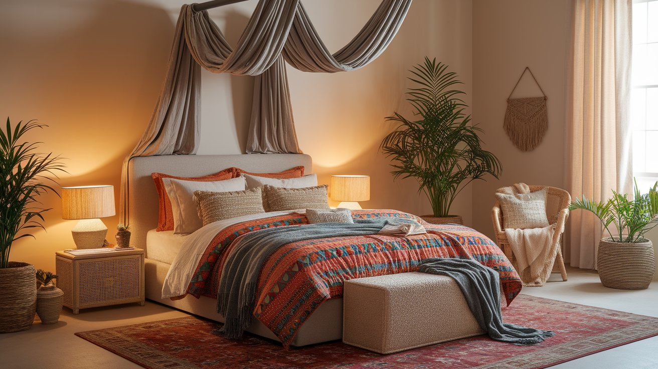A cozy bedroom featuring a neatly made bed, a bedside lamp, and a soft rug on the floor.