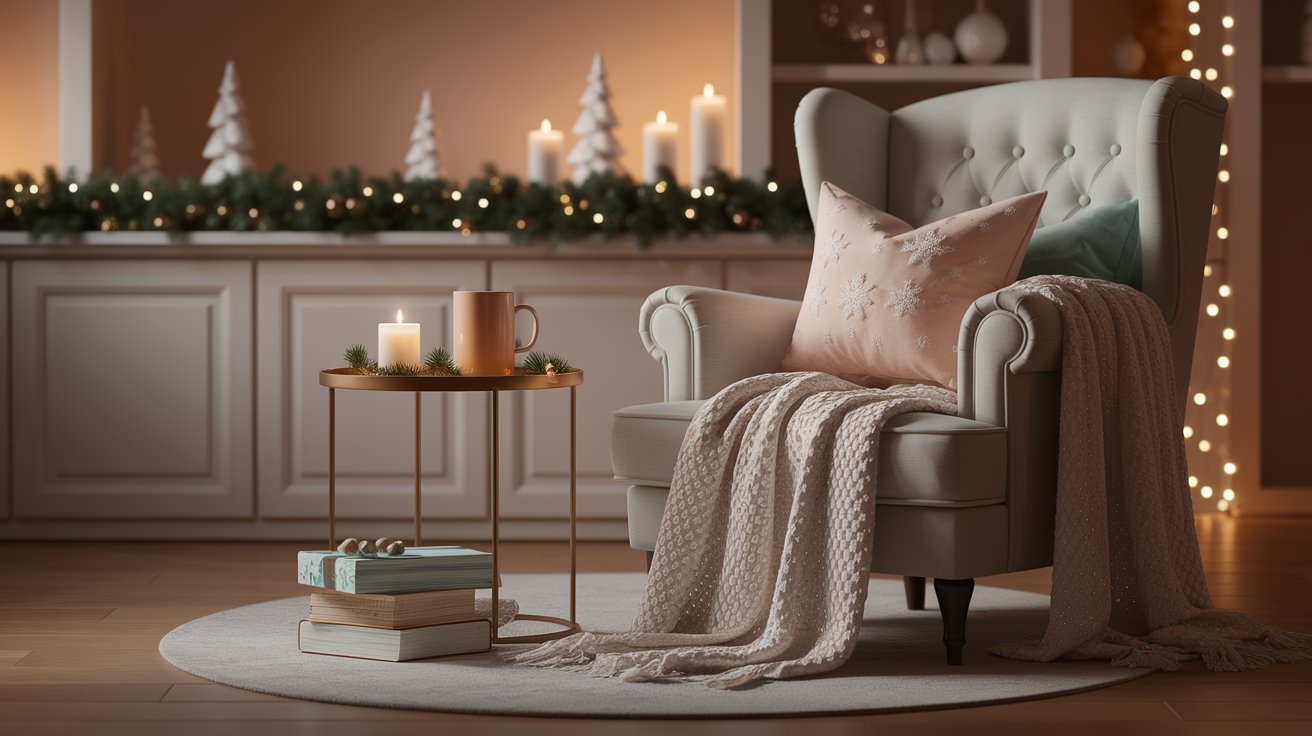 A cozy chair with a blanket and candles sits in front of a warm fireplace, creating a relaxing atmosphere.