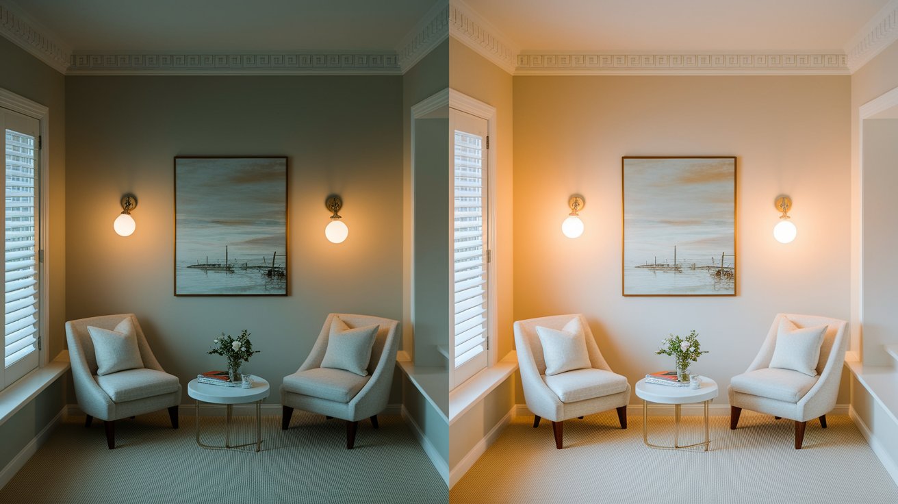 Two images of the same room featuring a chair and a table, showcasing different angles and lighting.