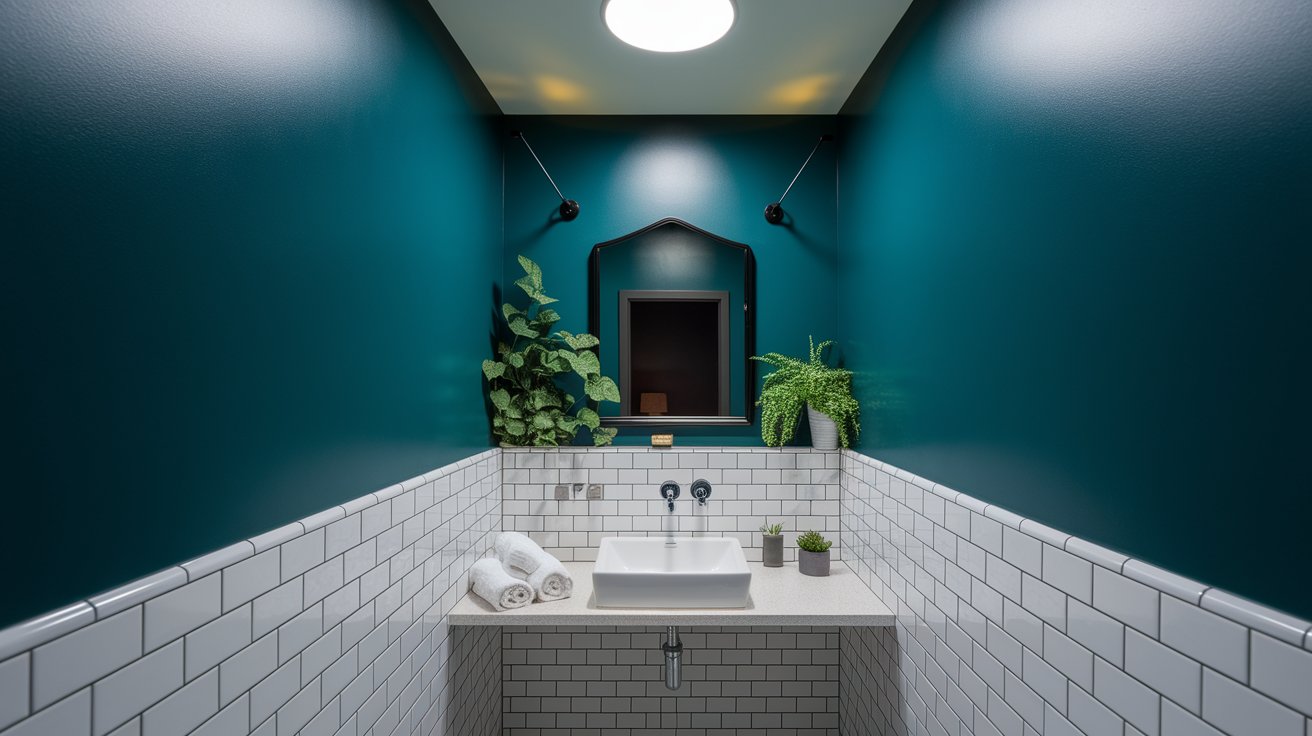 A bathroom featuring a blue wall and white tiled flooring, creating a clean and modern aesthetic.