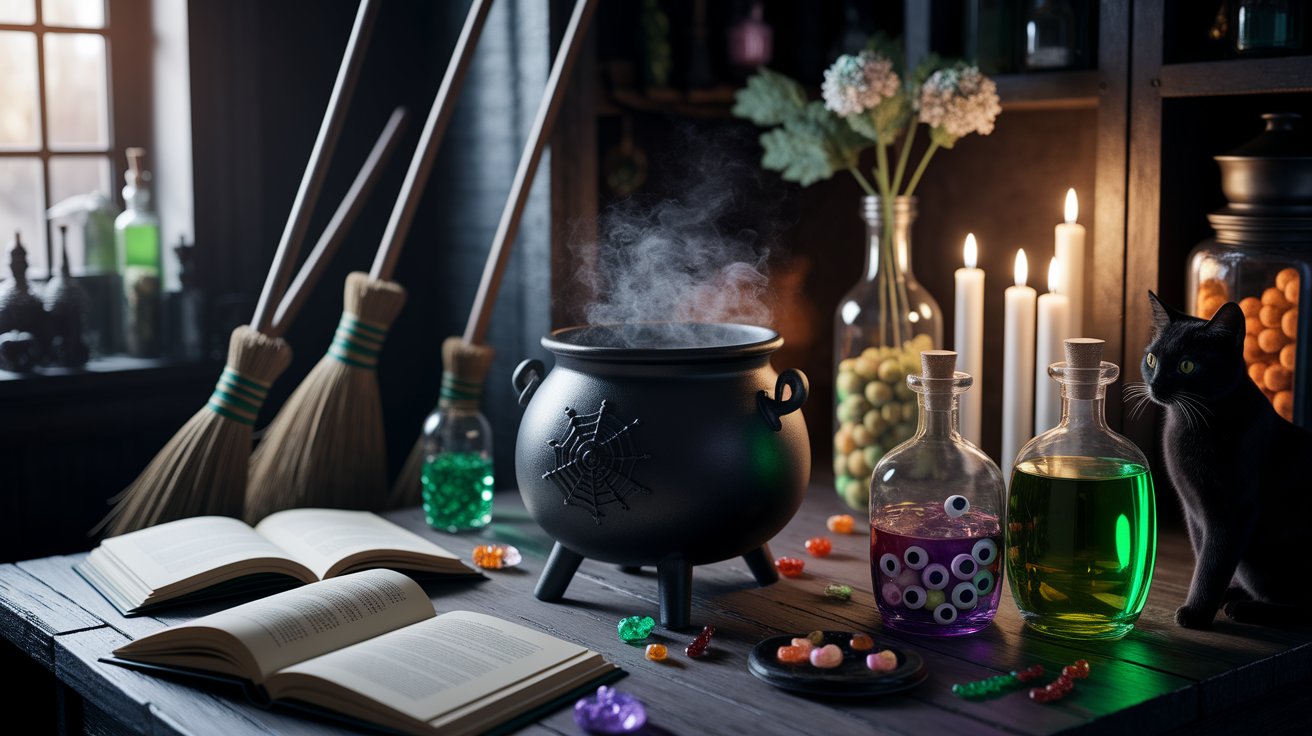 A cauldron, broom, and candles arranged on a table, creating a mystical and enchanting atmosphere.