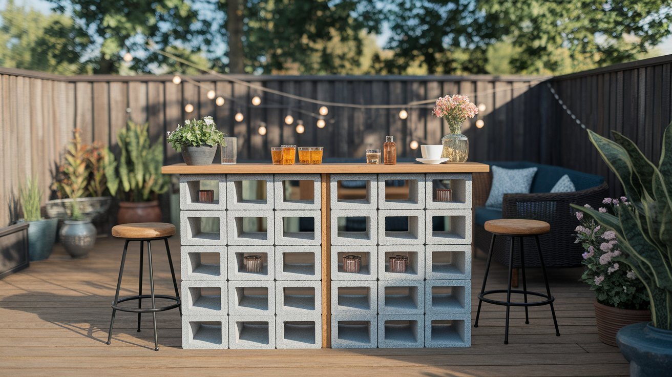 A backyard patio featuring a bar and several chairs arranged for outdoor relaxation and socializing.