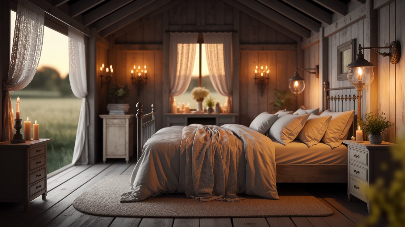 A cozy bedroom featuring a neatly made bed and a large window allowing natural light to enter.
