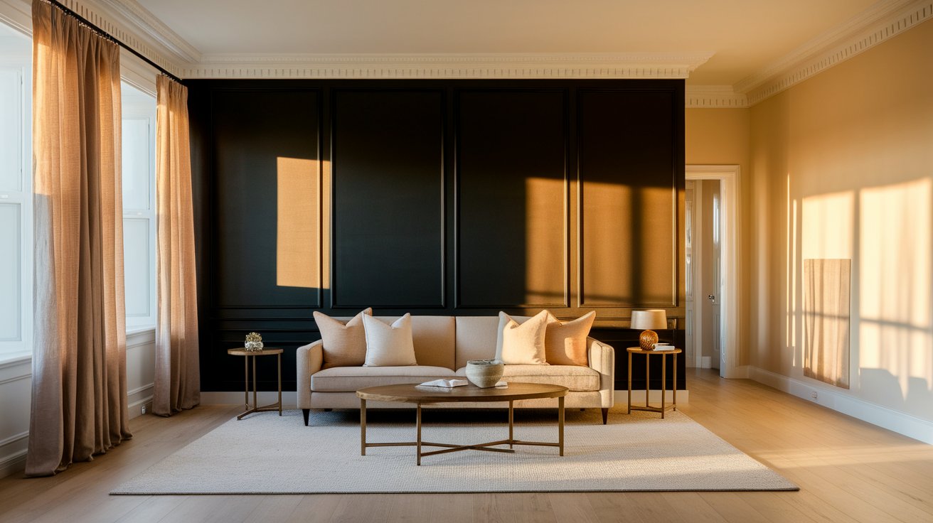 A modern living room featuring black walls and stylish white furniture, creating a striking contrast in the space.
