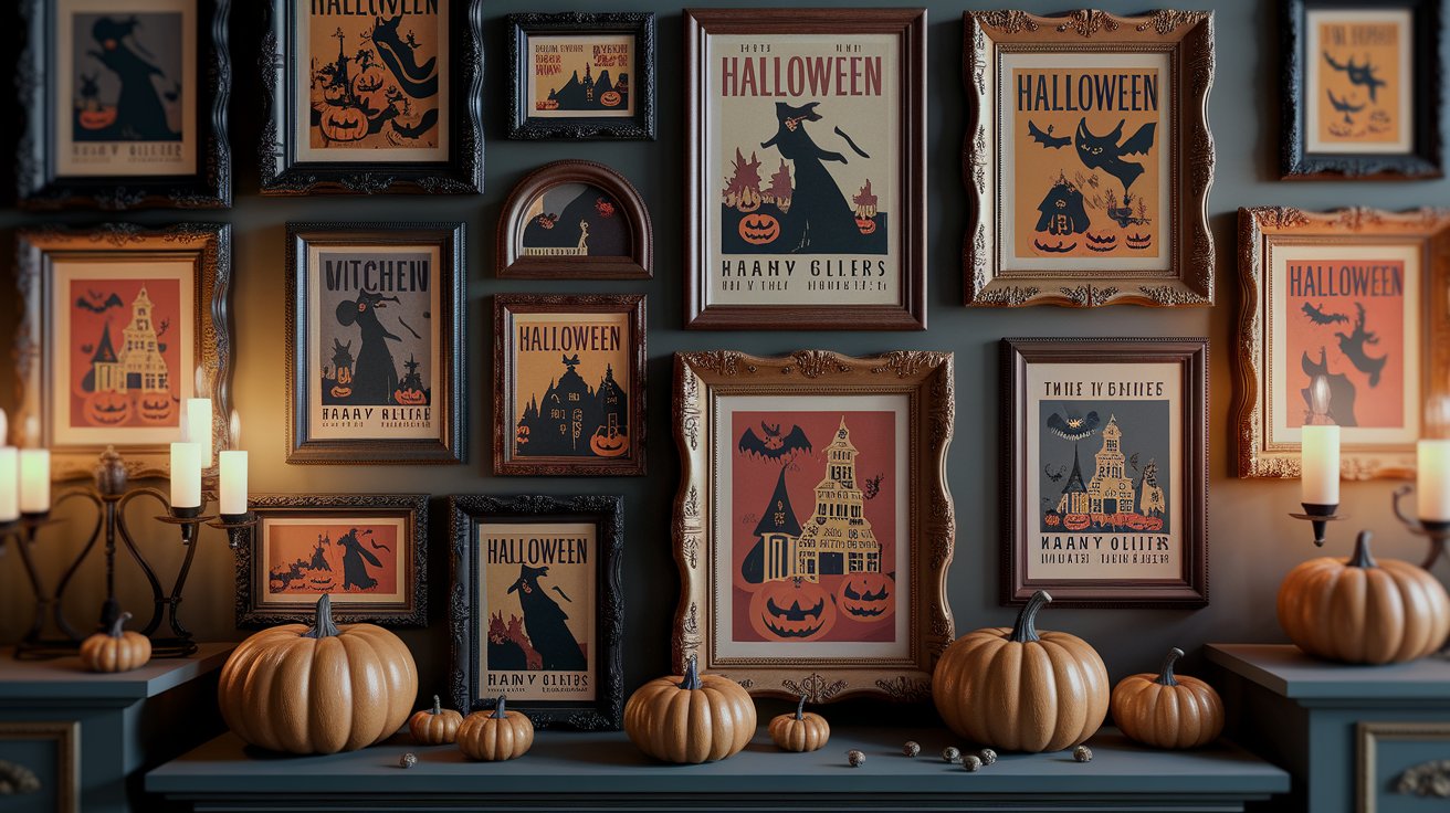 Halloween decor featuring framed pictures and decorative pumpkins arranged on a table.