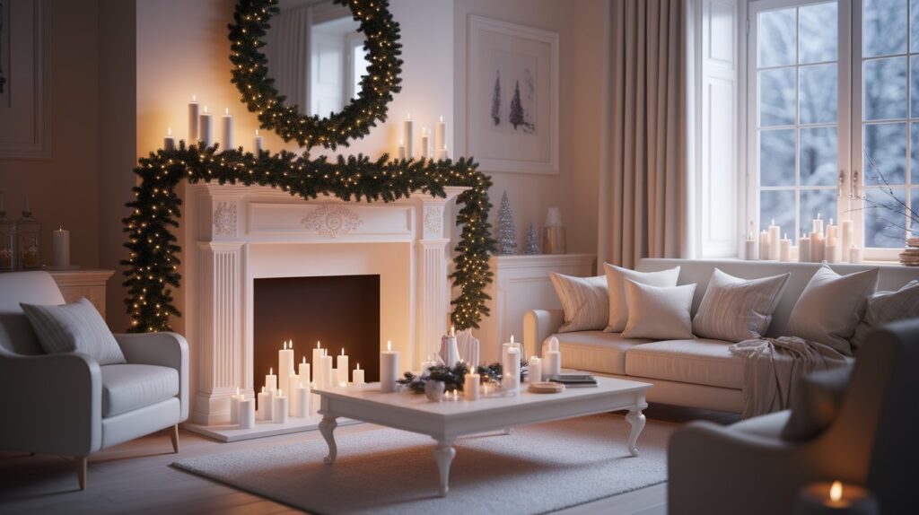 A cozy living room featuring a fireplace, comfortable couches, and softly glowing candles.