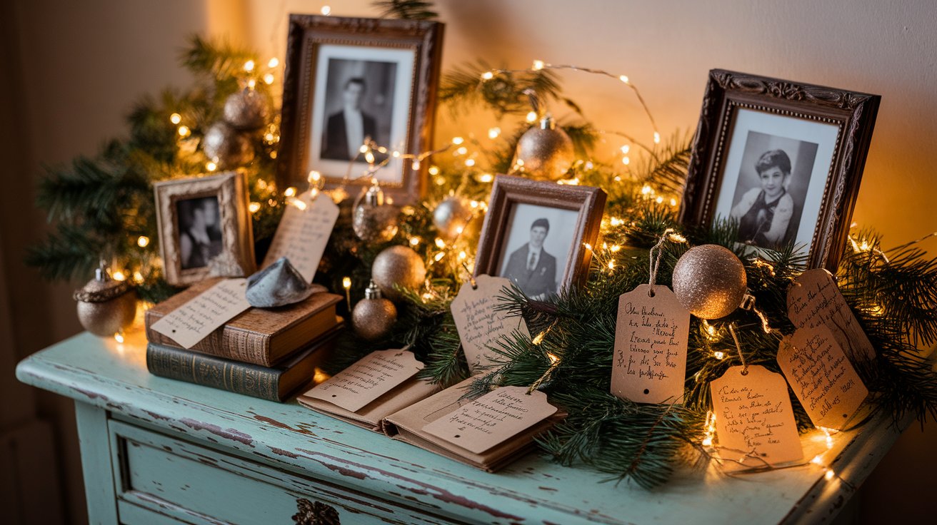 A table adorned with various pictures and lit candles, creating a warm and inviting atmosphere.