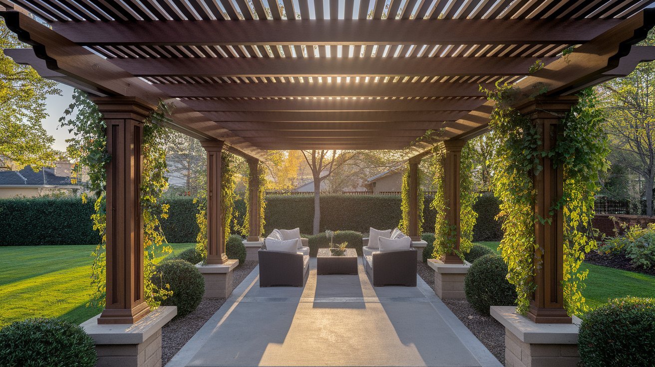 A backyard pergola with a patio area, featuring outdoor furniture for relaxation and entertainment.