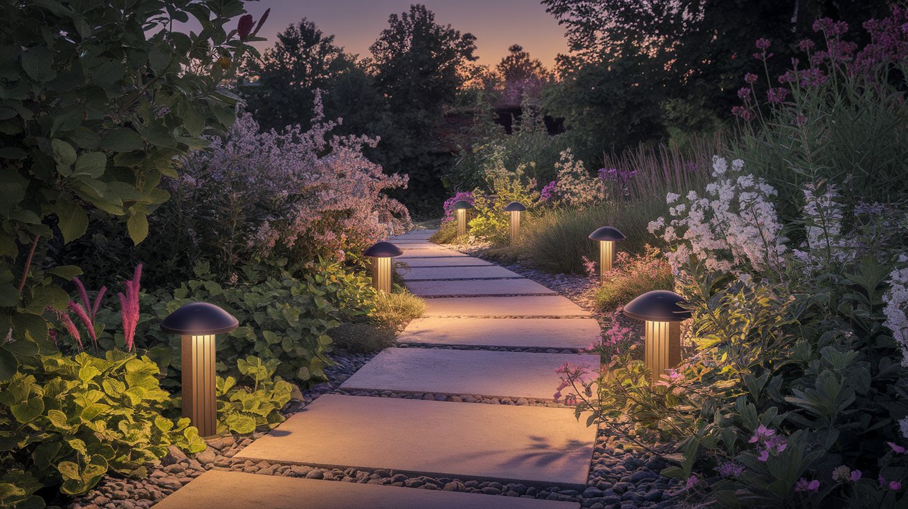 A softly lit pathway adorned with flowers, creating a serene atmosphere in the evening twilight.