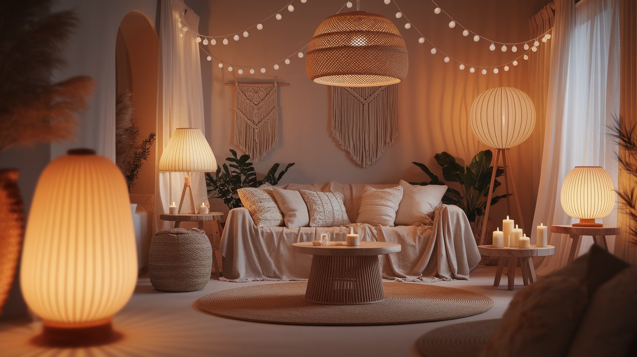 A cozy living room featuring a couch, a lamp, and decorative candles on a table, creating a warm atmosphere.
