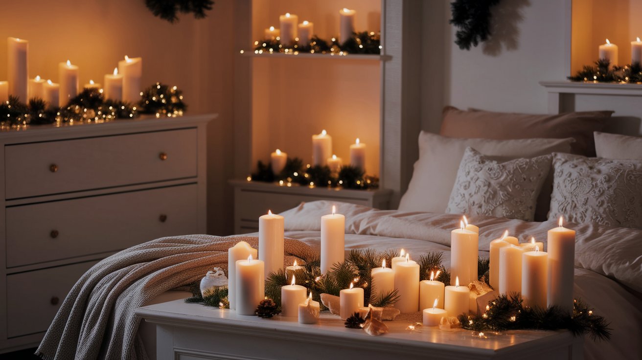 A serene bedroom scene with flickering candles and vibrant Christmas decorations, evoking a festive and tranquil ambiance.