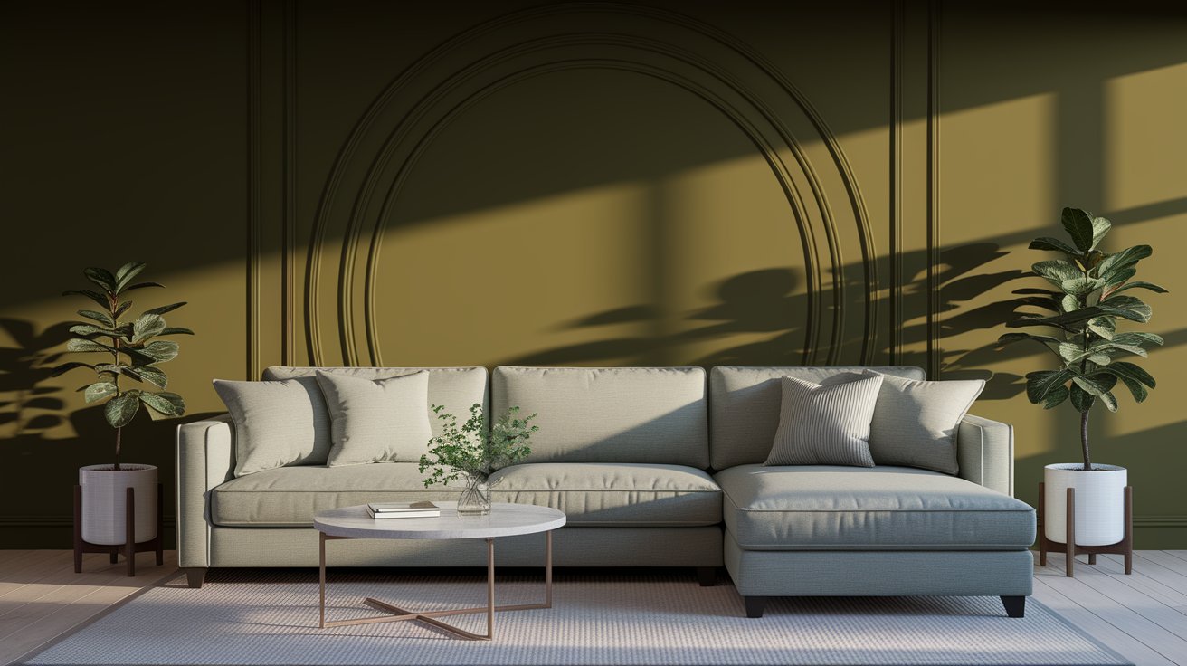 A modern living room featuring a green accent wall and a stylish sofa, creating a vibrant and inviting atmosphere.
