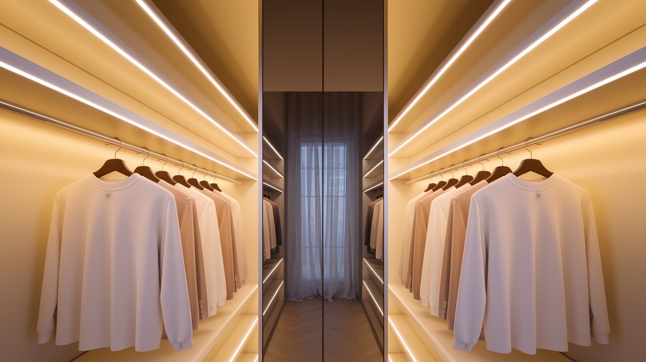A room featuring various clothes neatly hanging on racks, showcasing a range of styles and colors.