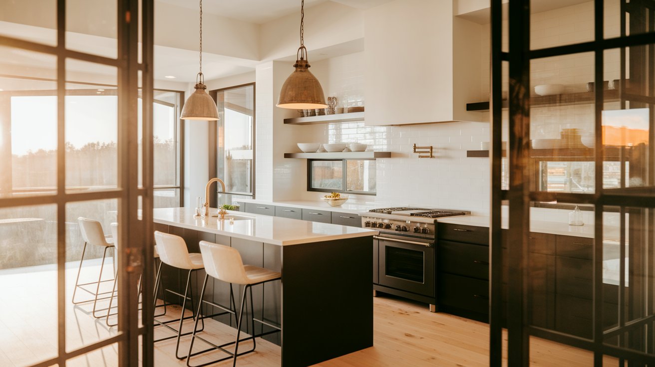 A modern kitchen featuring a spacious island with bar stools arranged around it for casual dining.
