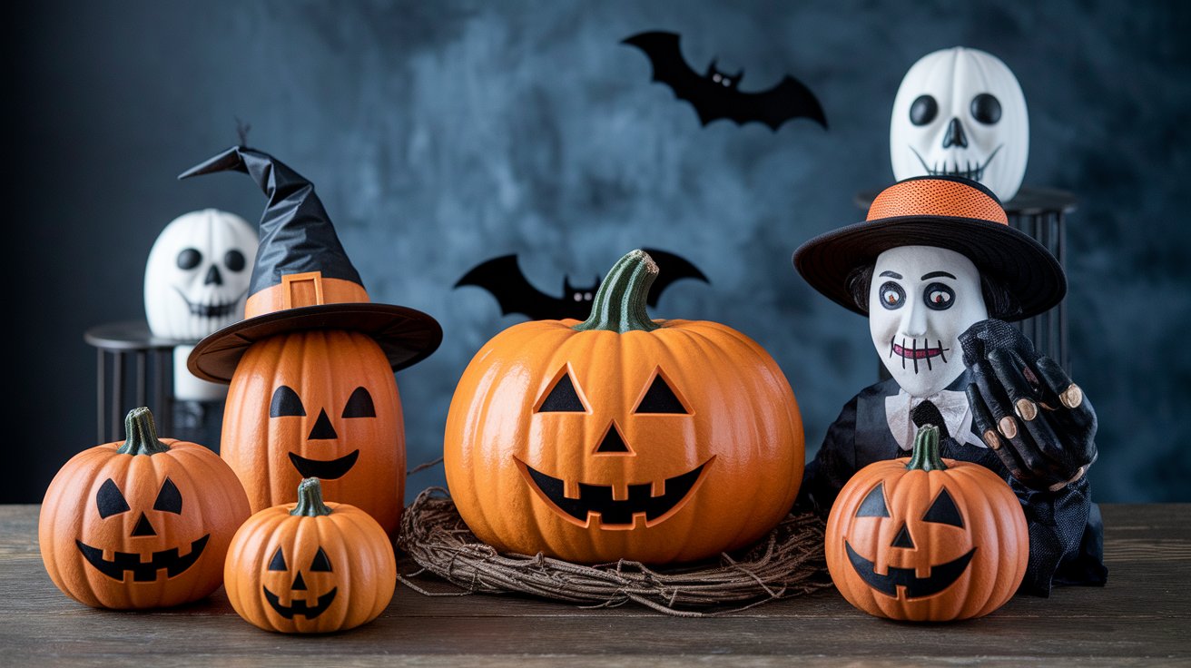 A table adorned with carved Halloween pumpkins and decorative witches, creating a festive autumn atmosphere.