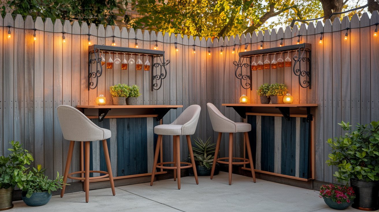  A backyard patio featuring two bar stools and a table, creating a cozy outdoor seating area.