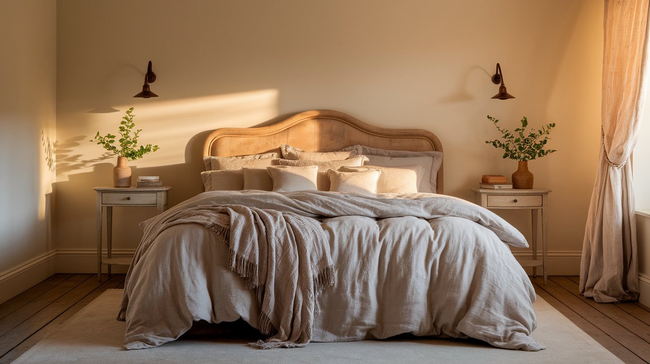 A cozy bedroom featuring a neatly made bed and a large window allowing natural light to enter.