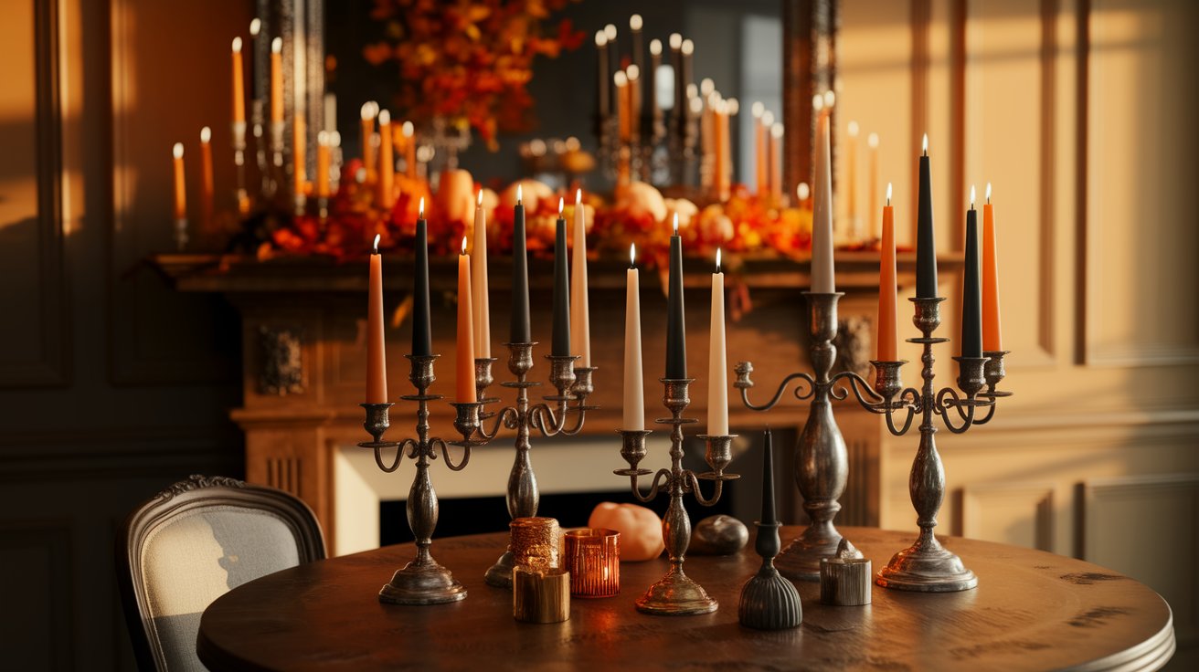 A table with several candles is positioned in front of a cozy fireplace, creating a warm and inviting atmosphere.