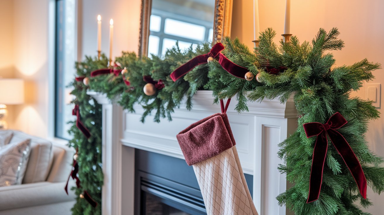 Colorful Christmas stockings hang from a decorated mantle in a cozy living room, ready for holiday festivities.