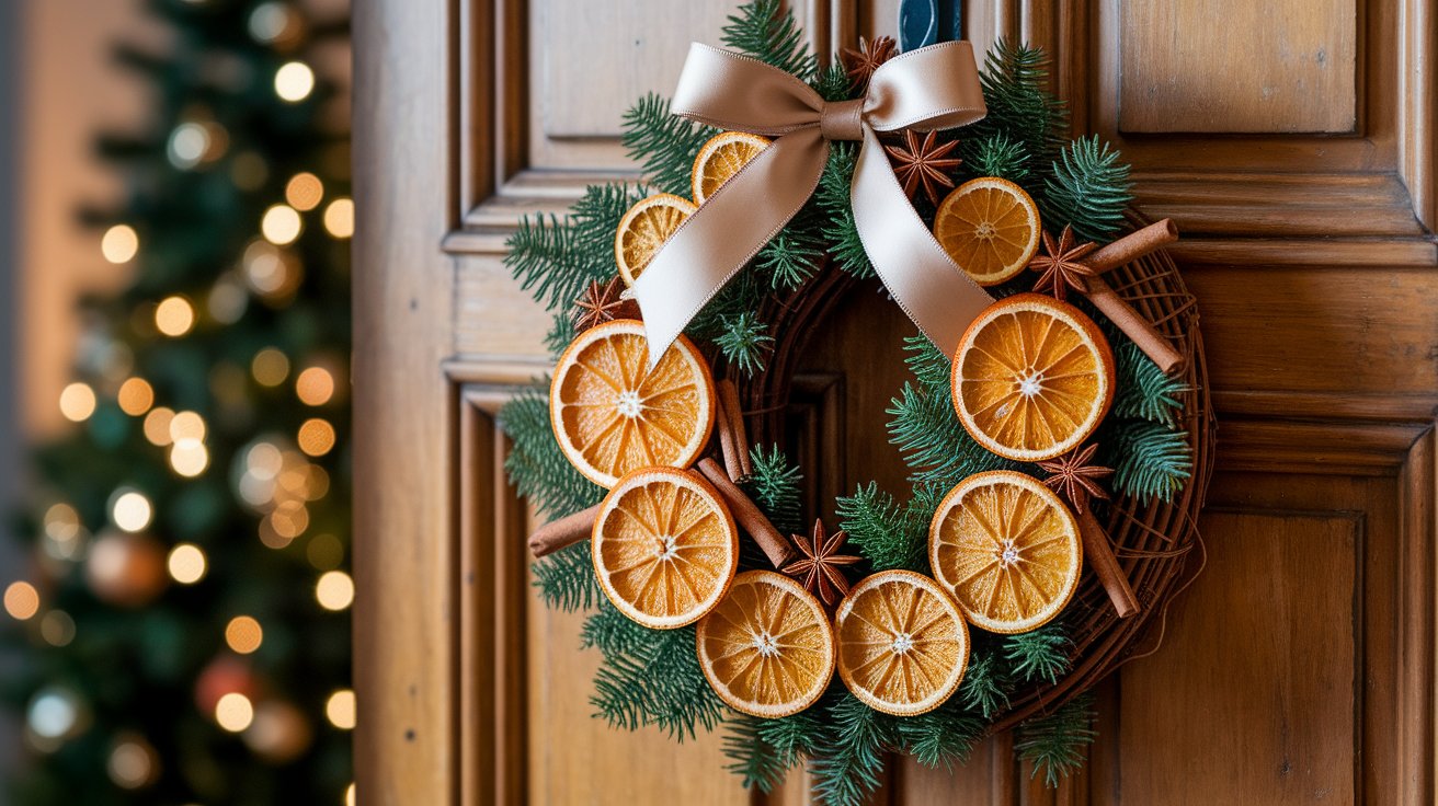 A decorative wreath adorned with oranges and cinnamon sticks, showcasing a festive and aromatic design.