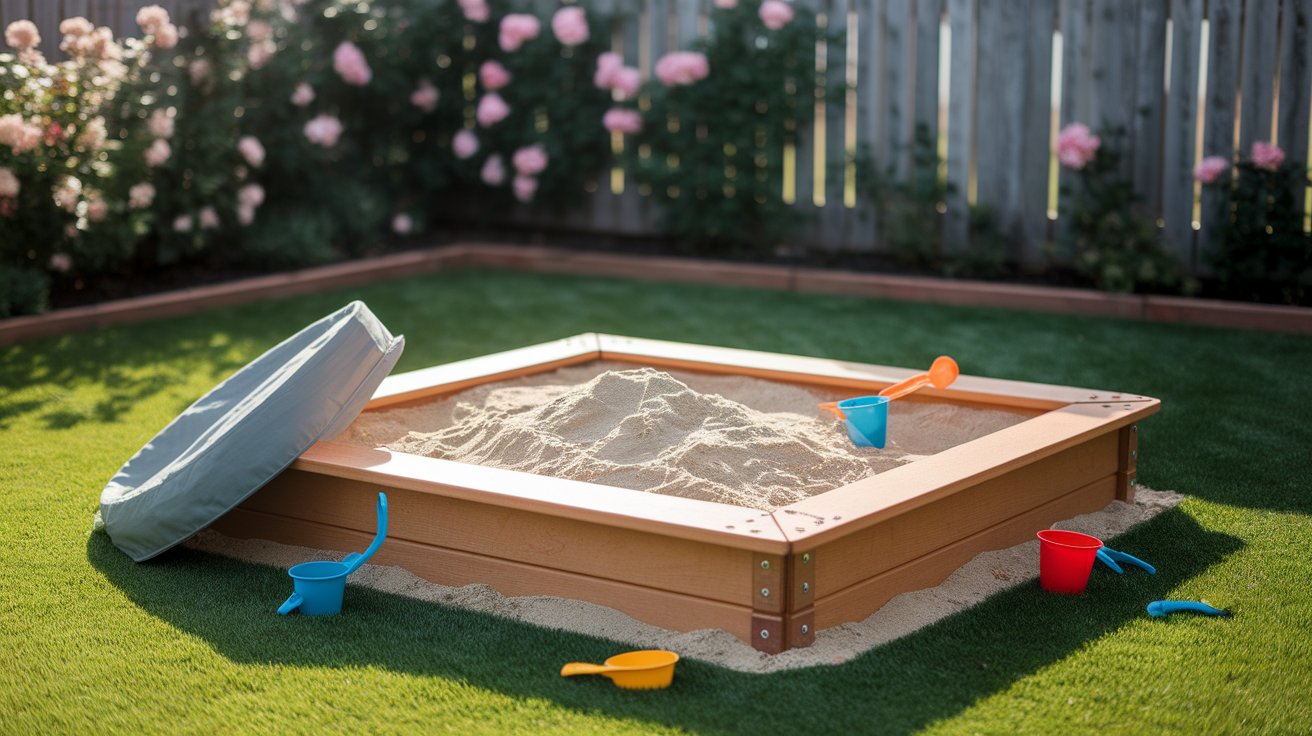 A sandbox in a backyard, containing sand and various toys, perfect for outdoor playtime.