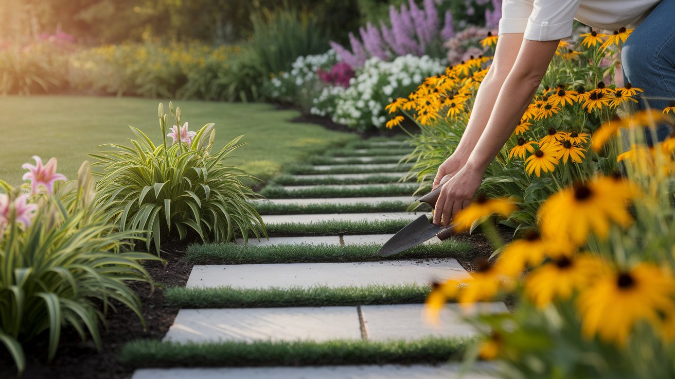 A woman kneels on a stone path surrounded by lush greenery in a tranquil garden setting.