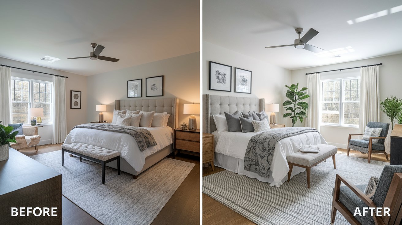 Before and after photos of a bedroom showcasing a ceiling fan, highlighting the room's transformation and improved ambiance.