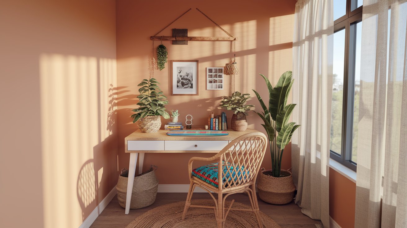 A small room featuring a desk positioned near a window, allowing natural light to illuminate the space.
