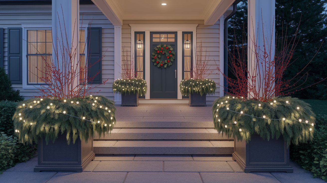 A charming front porch decorated with twinkling Christmas lights and elegant wreaths, inviting a festive spirit.