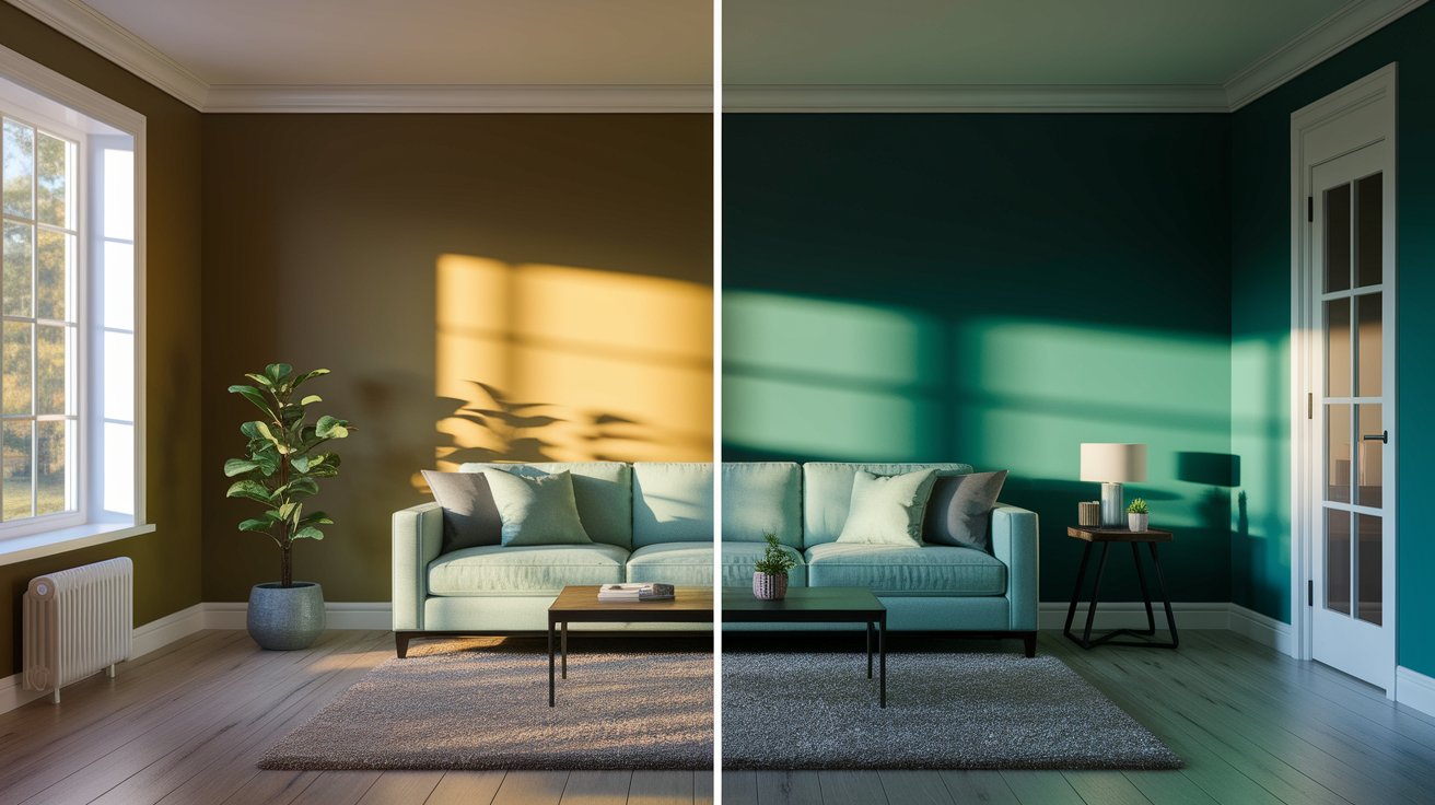 Two images of a living room featuring a couch and a window, showcasing different styles and arrangements.