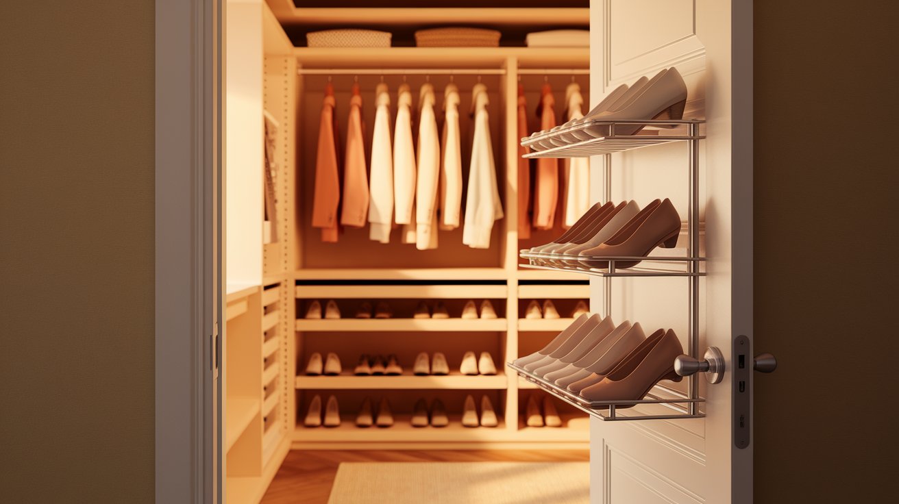 A closet filled with neatly arranged shoes and clothes on shelves, showcasing a variety of styles and colors.
