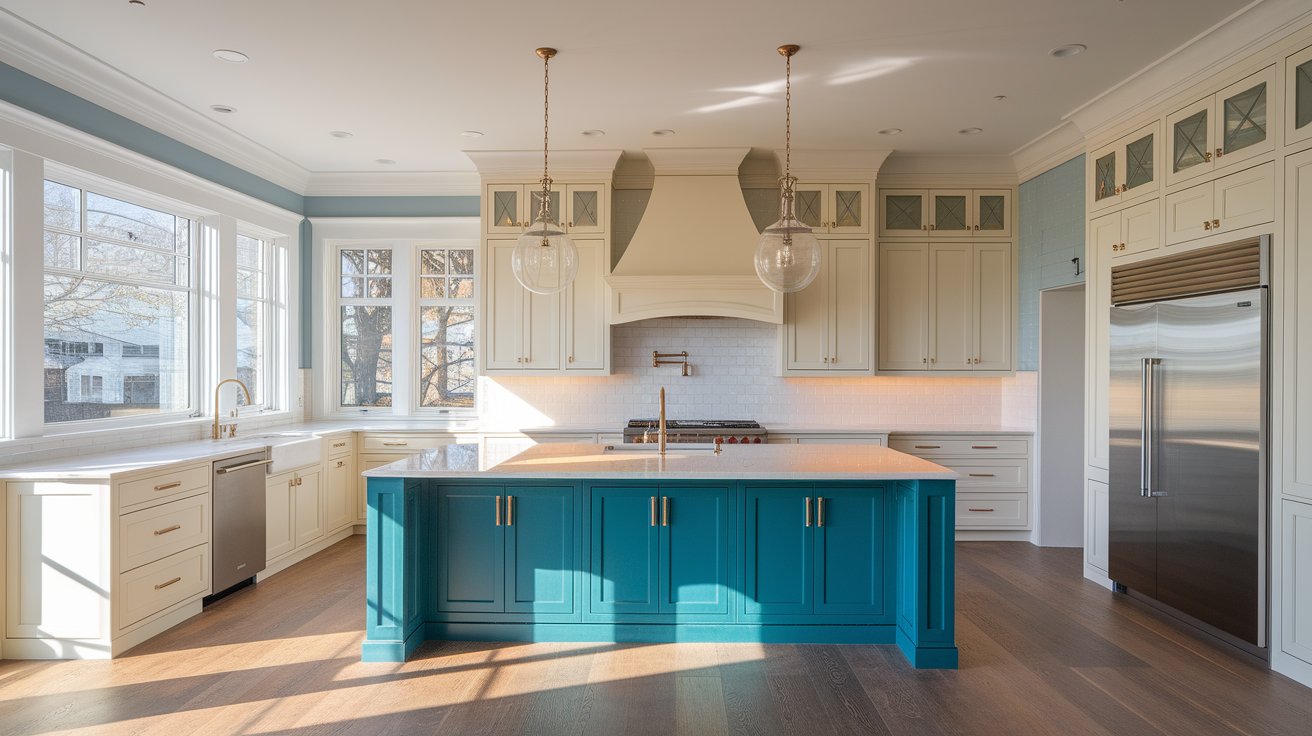 A modern kitchen featuring blue cabinets and a spacious central island for cooking and dining.