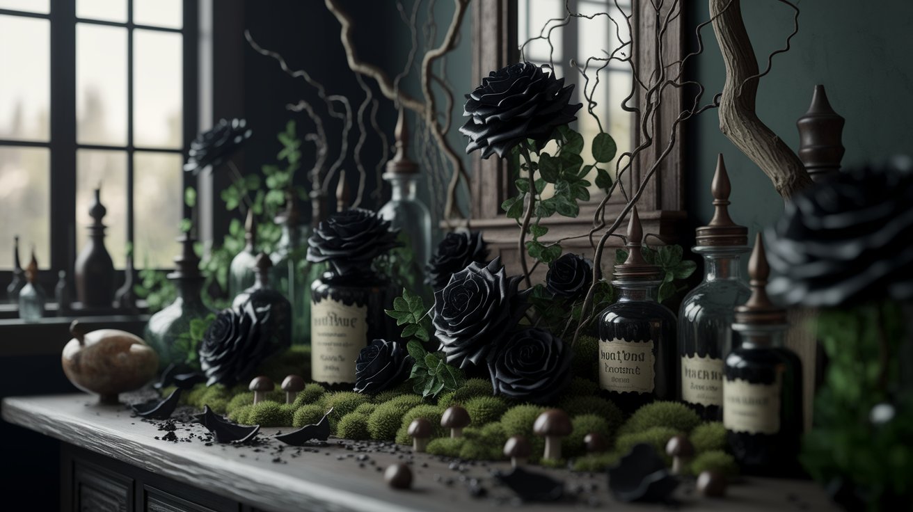 A table adorned with black flowers and lit candles, creating an elegant and moody atmosphere.