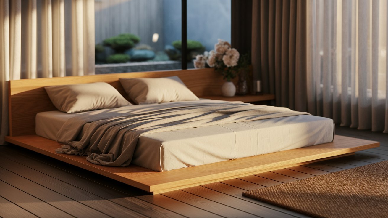 Modern bedroom featuring a wooden bed and a matching wooden floor, creating a warm and inviting atmosphere.